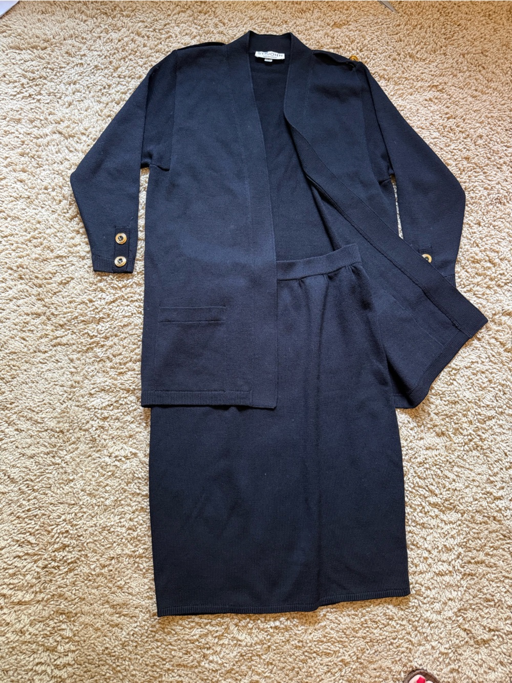 St. John Separates Black Santana Knit 2pc Set Open Front Cardigan & Skirt L / 14
